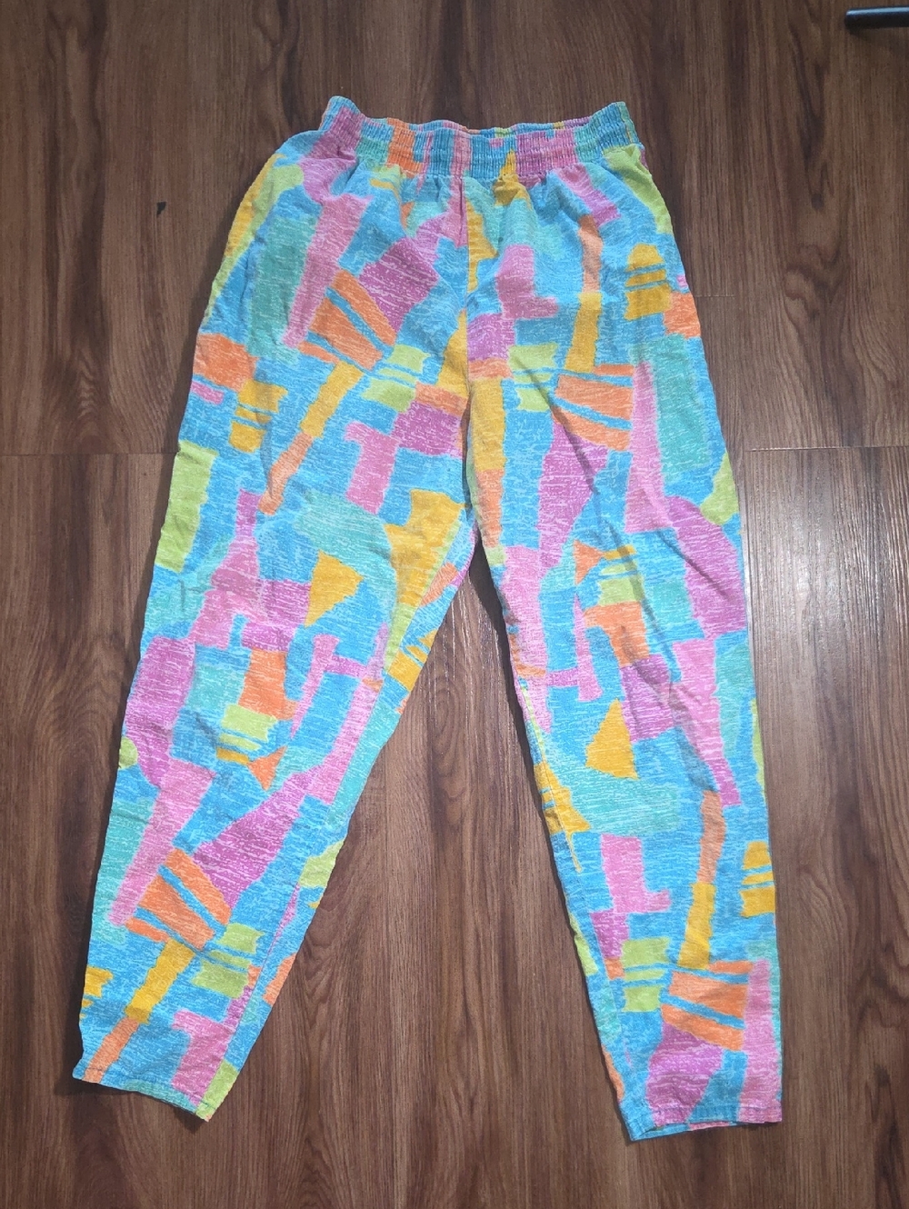 80s Retro Vintage Colorful Abstract Print Elastic Waist Pants